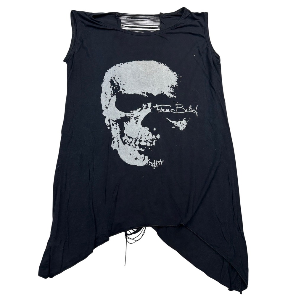 Skull Graphic Tank Top Black Shredded Back Asymmetrical Punk Rock Goth